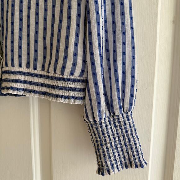 Intermix Striped Button Up Ruffled Long Sleeve Top Smocked Cuffs Cottagecore 4 - Picture 5 of 6